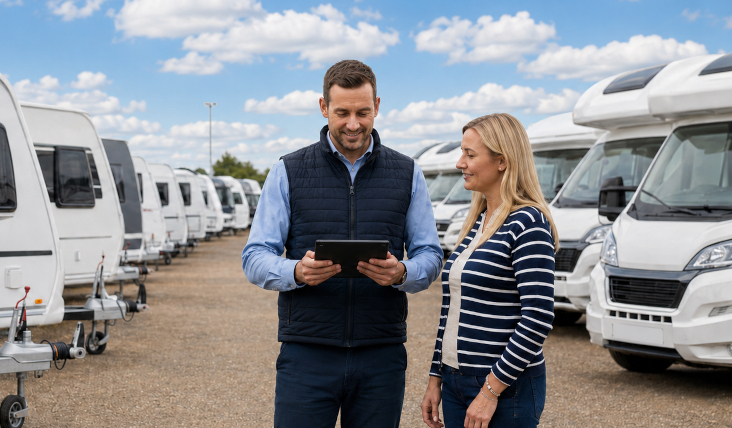Caravan dealer speaking with a customer